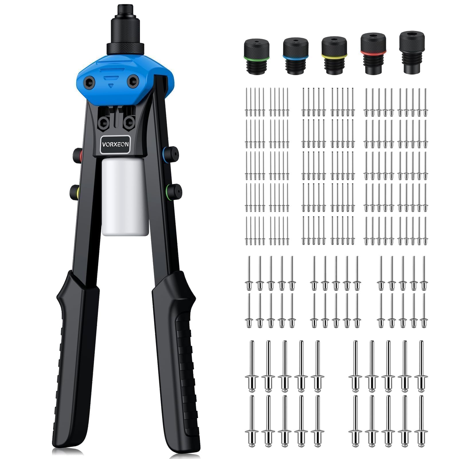 VORXEON Nietzange Set Blindnietzange mit 200tlg Blindnieten 5-TLG auswechselbaren Mundstücke Professionelles 13in Popnietenzange Nietwerkzeug für Automobil Eisenbahn Möbel Instrument von VORXEON