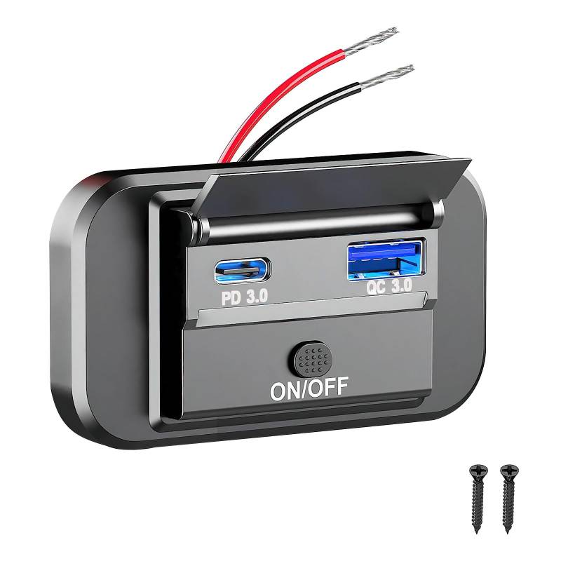 VOSSOT PD USB Steckdose 12V-24V Typ C Wohnmobil Steckdose Ladedose mit Deckel 12 Volt Dual USB Ladebuchse Wohnwagen Buchse Dose Schnelllade-Steckdose mit ON/Off Schalter für Auto Bus LKW Boot von VOSSOT