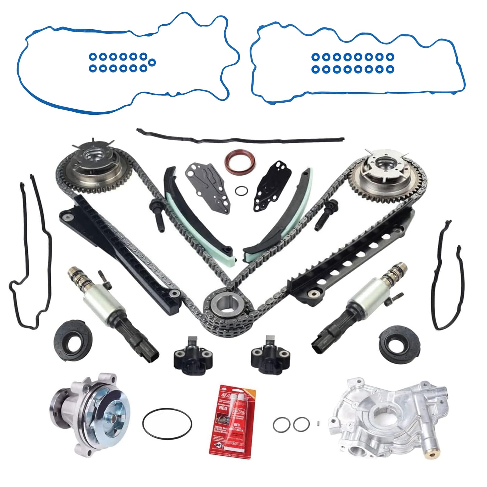 VOWAGH VVT Steuerkettensatz mit Nockenwellen-Phasern (LH & RH), Wasserpumpe, Steuerkappen-Dichtungssatz, Paar VCT Nockenwellen-Zeitschalt-Magnetventil, kompatibel mit 04–08 Ford 5,4 l von VOWAGH