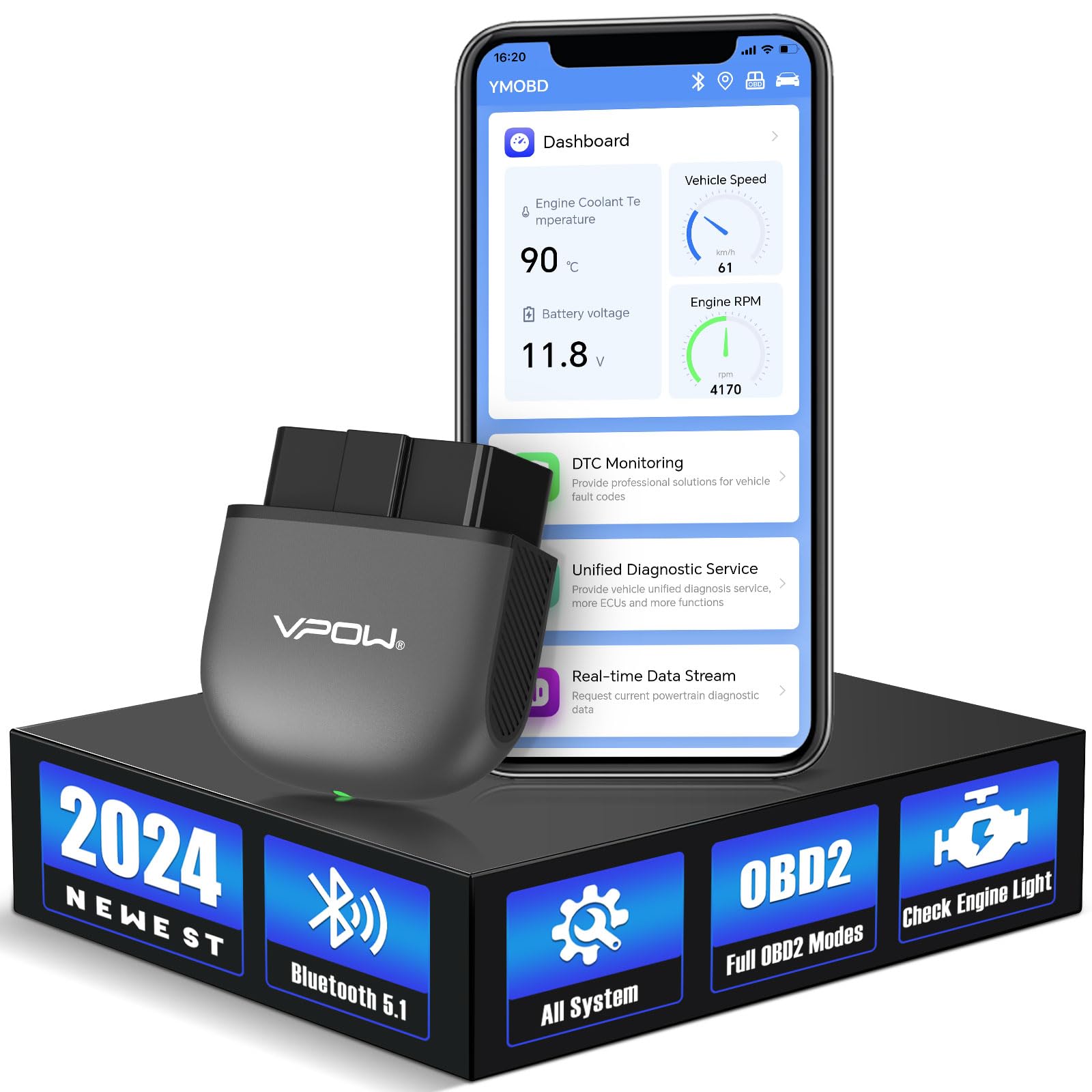 OBD2 Diagnosegerät OBD Bluetooth 5.1 Adapter: Auto Diagnose Scanner Tool für iPhone IOS Android Windows - OBDII Diagnostic Tester Stecker mit Vollen OBD2 Funktionen von VPOW