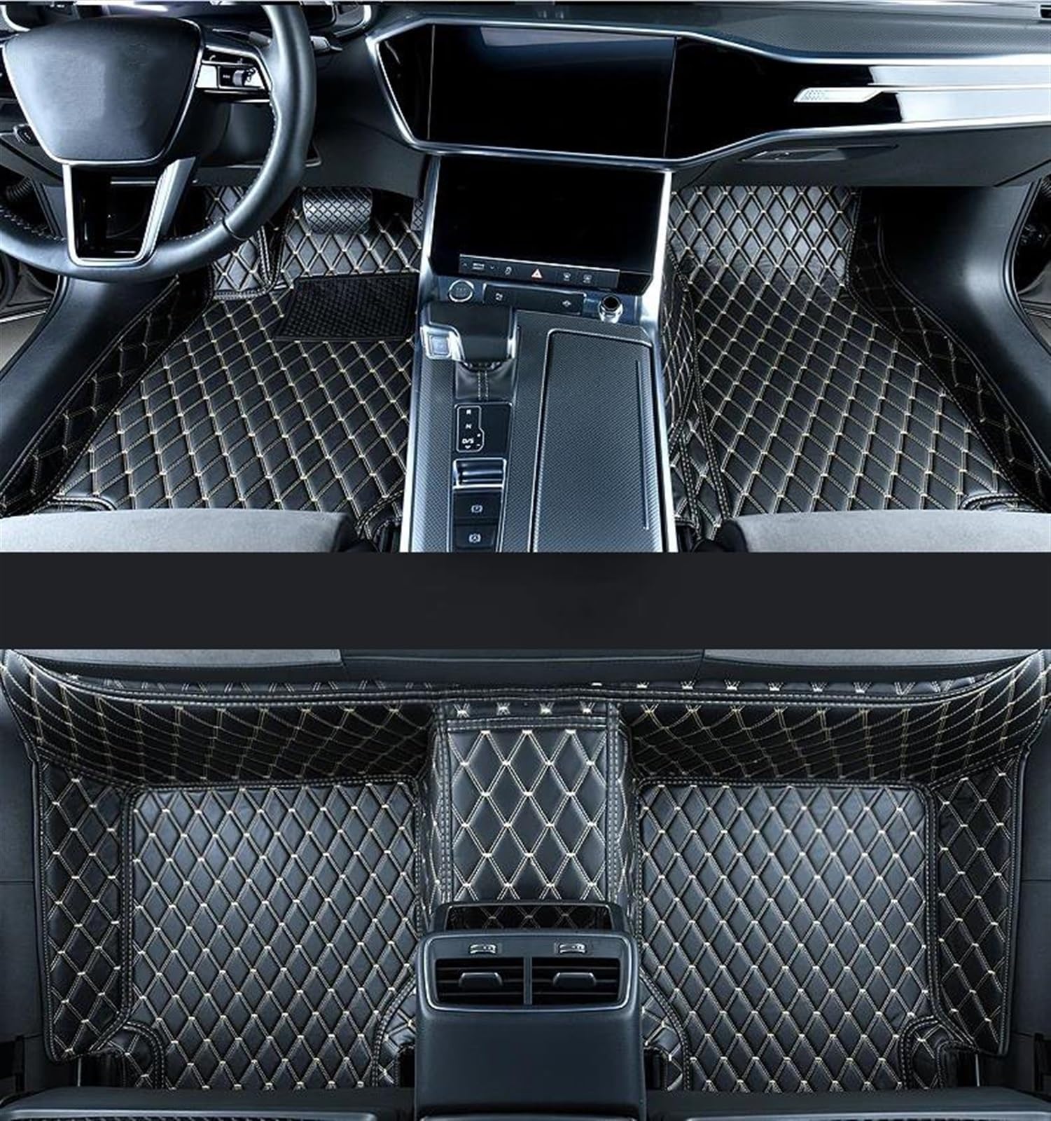Autoteppich Fußmatten Leder-Auto-Fußmatten Für Macan 2014–2020 Auto-Innenzubehör Teppiche Fußpolster Gummifußmatten(Black White) von VREFOEAX
