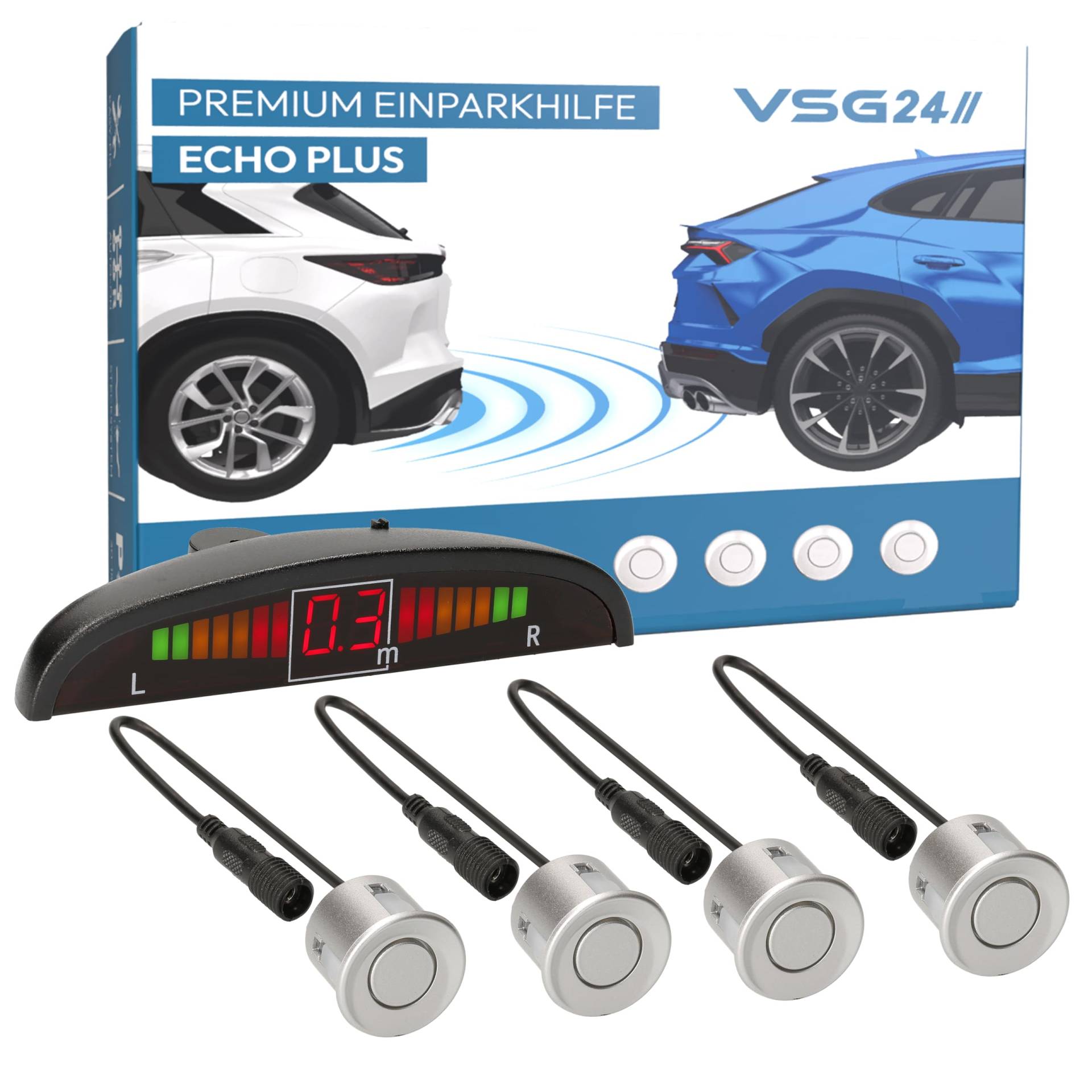 VSG24 Premium Einparkhilfe hinten mit Display zum nachrüsten am Auto, PDC Parksensoren hinten mit Stecksystem für einfachste Montage - 4 Rückfahrwarner Sensoren Parkhilfe Nachrüstsatz Silber von VSG