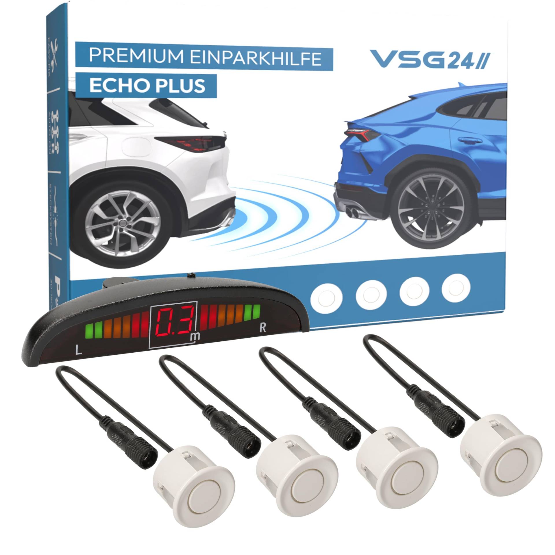 VSG24 Premium Einparkhilfe hinten mit Display zum nachrüsten am Auto, PDC Parksensoren hinten mit Stecksystem für einfachste Montage - 4 Rückfahrwarner Sensoren Parkhilfe Nachrüstsatz Weiß von VSG