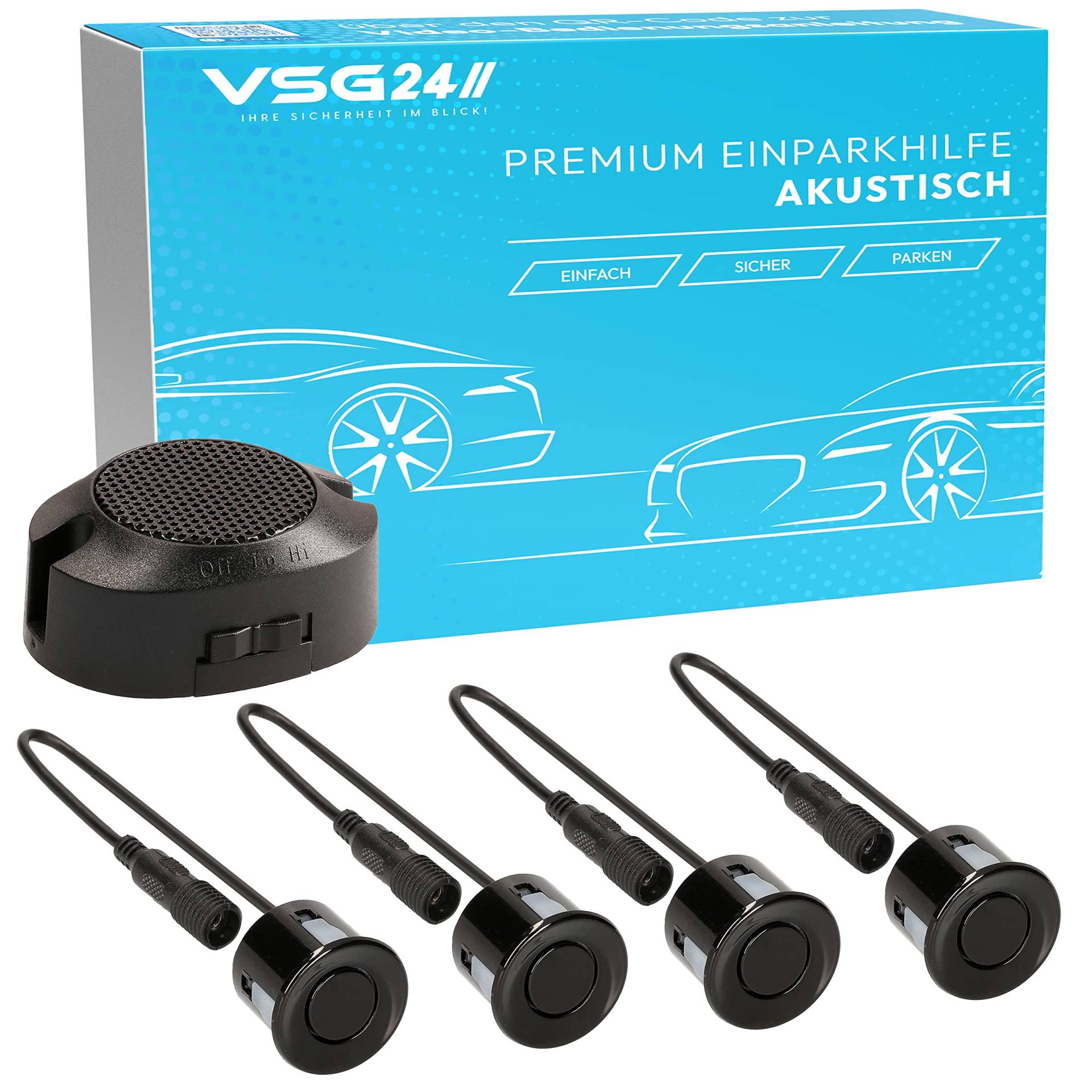 VSG24 Premium Einparkhilfe hinten zum nachrüsten am Auto, PDC Parksensoren hinten mit Stecksystem für einfachste Montage Rückfahrwarner mit Lautsprecher & 4 Sensoren Parkhilfe Nachrüstsatz Schwarz von VSG