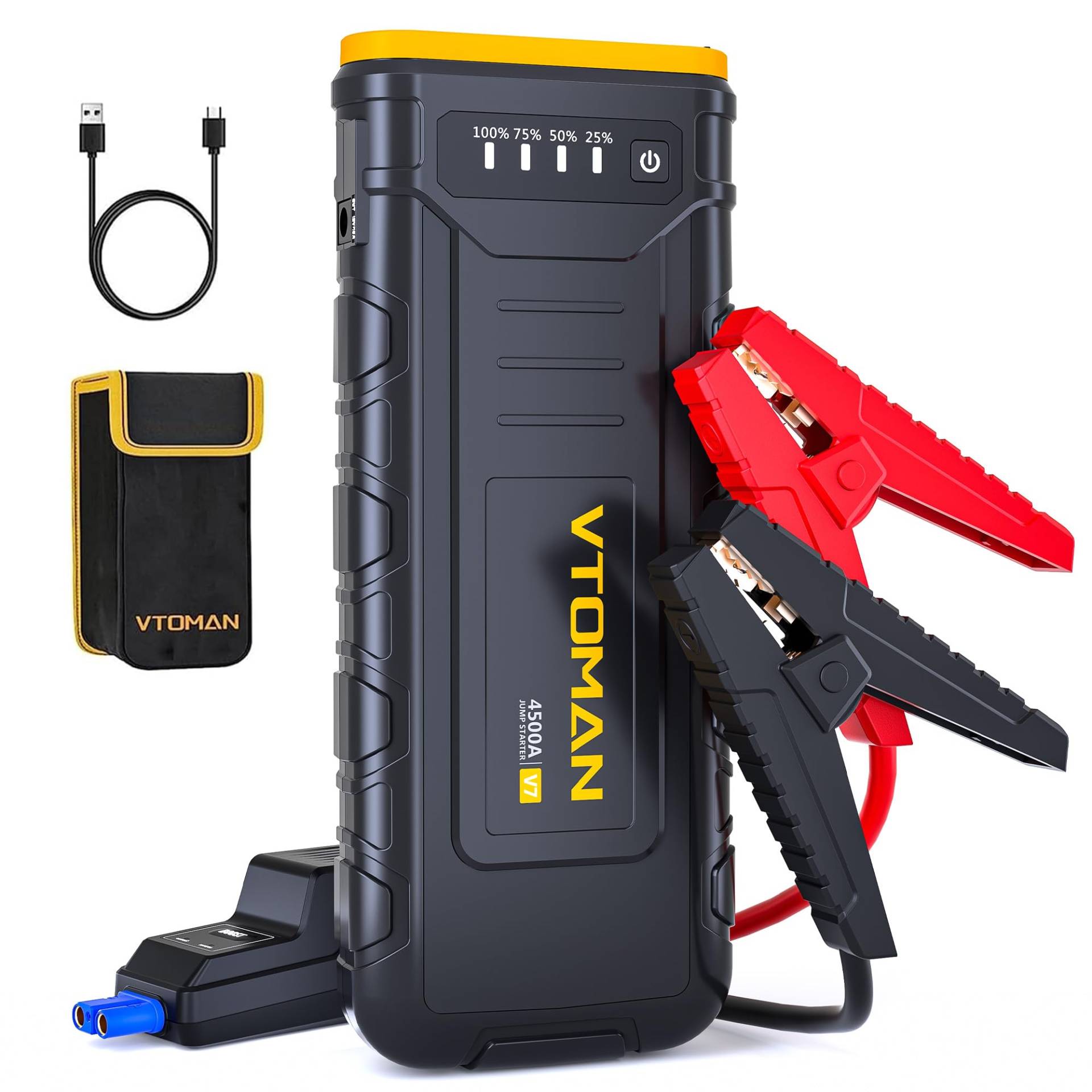 VTOMAN V7 Starthilfe Powerbank 4500A, 12V Autobatterie Starter Powerbank Mit Starthilfekabel, Booster Auto Starthilfe(Für Pkw Motor 10L Benzin und 8L Diesel) Mit LED, USB Schnelles Laden, 15V DC von VTOMAN