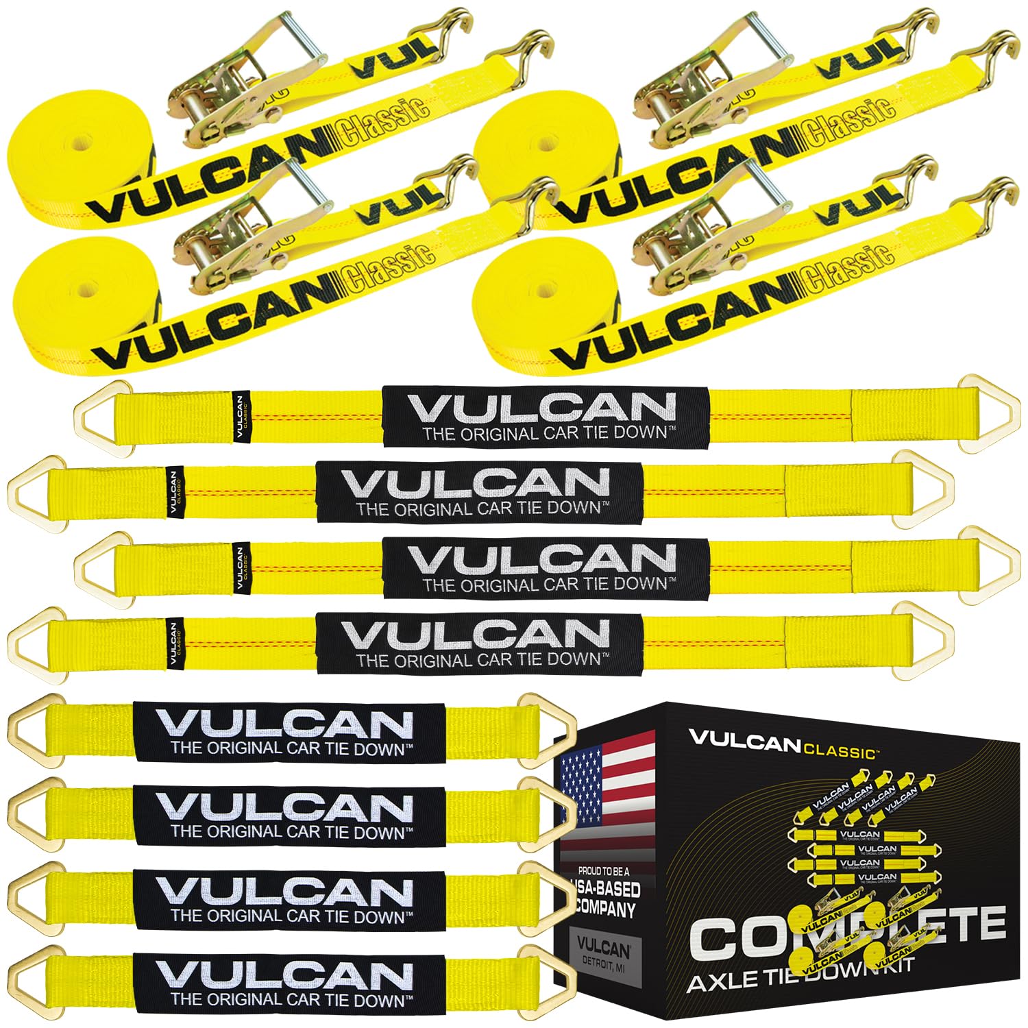 Vulcan Komplettes Achsgurt-Spanngurt-Set mit Drahthaken-Spanngurten – klassisch gelb – inklusive (4) 55,9 cm Achsgurte, (4) 91,4 cm Achsgurte und (4) 38,1 cm Spanngurte mit J-Haken von VULCAN