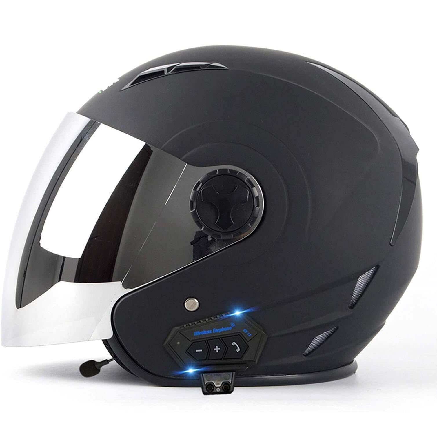 Bluetooth Jethelm Motorradhelm 3/4 Helm,ECE Zertifizierung Motorrad Integrierter Bluetooth-Helm Jet Scooter Helm Rollerhelm Jet-Helm Herren Damen mit Visier Herren Damen(7,S(55~56CM)) von VVPEC
