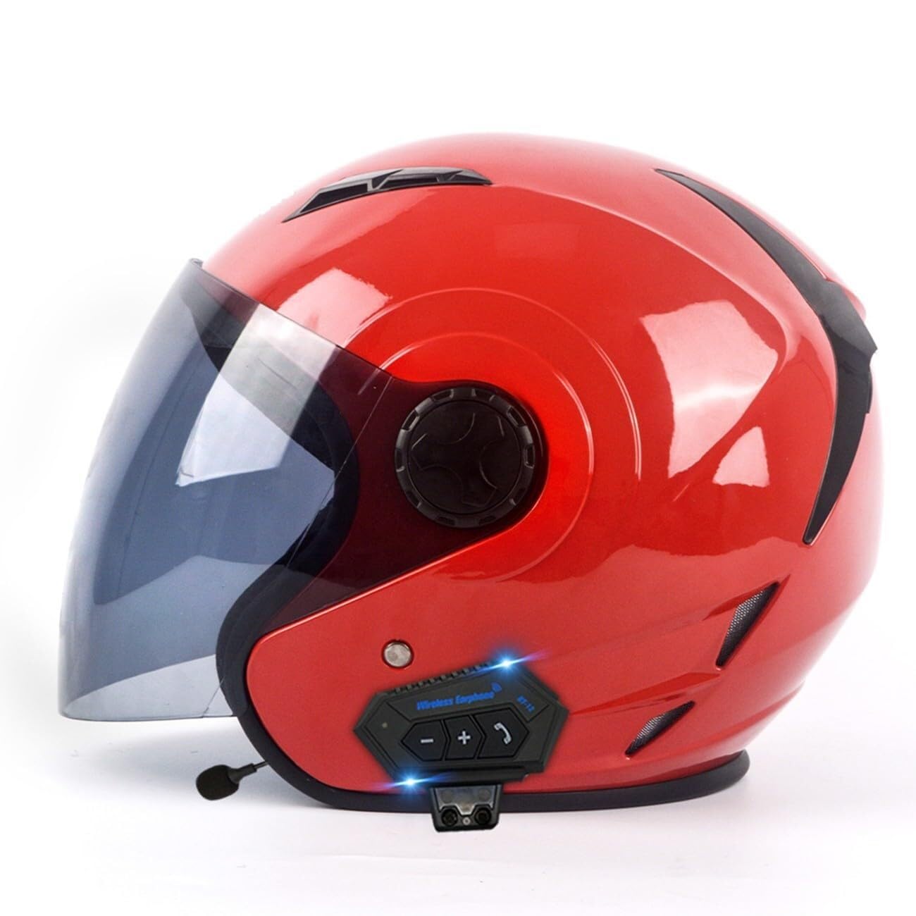 Bluetooth Motorrad Halbhelm Jethelm Motorradhelm Retro-Moto-Helm mit Sonnenblende Vintage Motorrad Halbschale Scooter-Helm JetHelm Männer und Frauen,ECE/DOT-Zulassung(20,S=55~56CM) von VVPEC