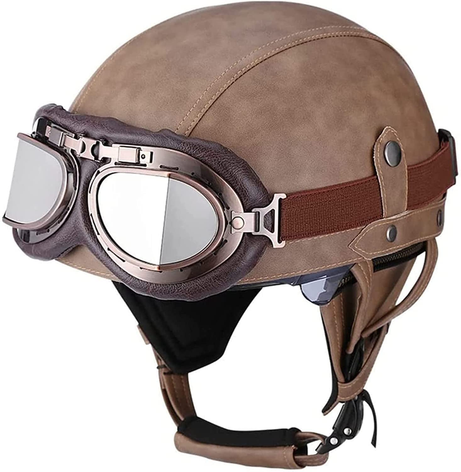 Halbschalenhelm Halbhelme Leder Motorradhelm Mit ECE Genehmigt Brain-Cap Halbschale Roller-Helm Mit Schutzbrille Scooter-Helm Jet-Helm Retro Für Erwachsene Herren Damen ( Color : B , Size : L(59~60cm) von VVPEC