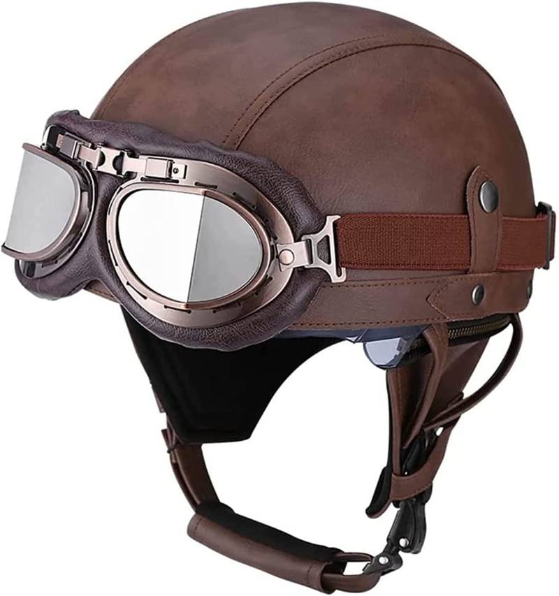 Halbschalenhelm Halbhelme Leder Motorradhelm Mit ECE Genehmigt Brain-Cap Halbschale Roller-Helm Mit Schutzbrille Scooter-Helm Jet-Helm Retro Für Erwachsene Herren Damen ( Color : H , Size : XL(61~62cm von VVPEC