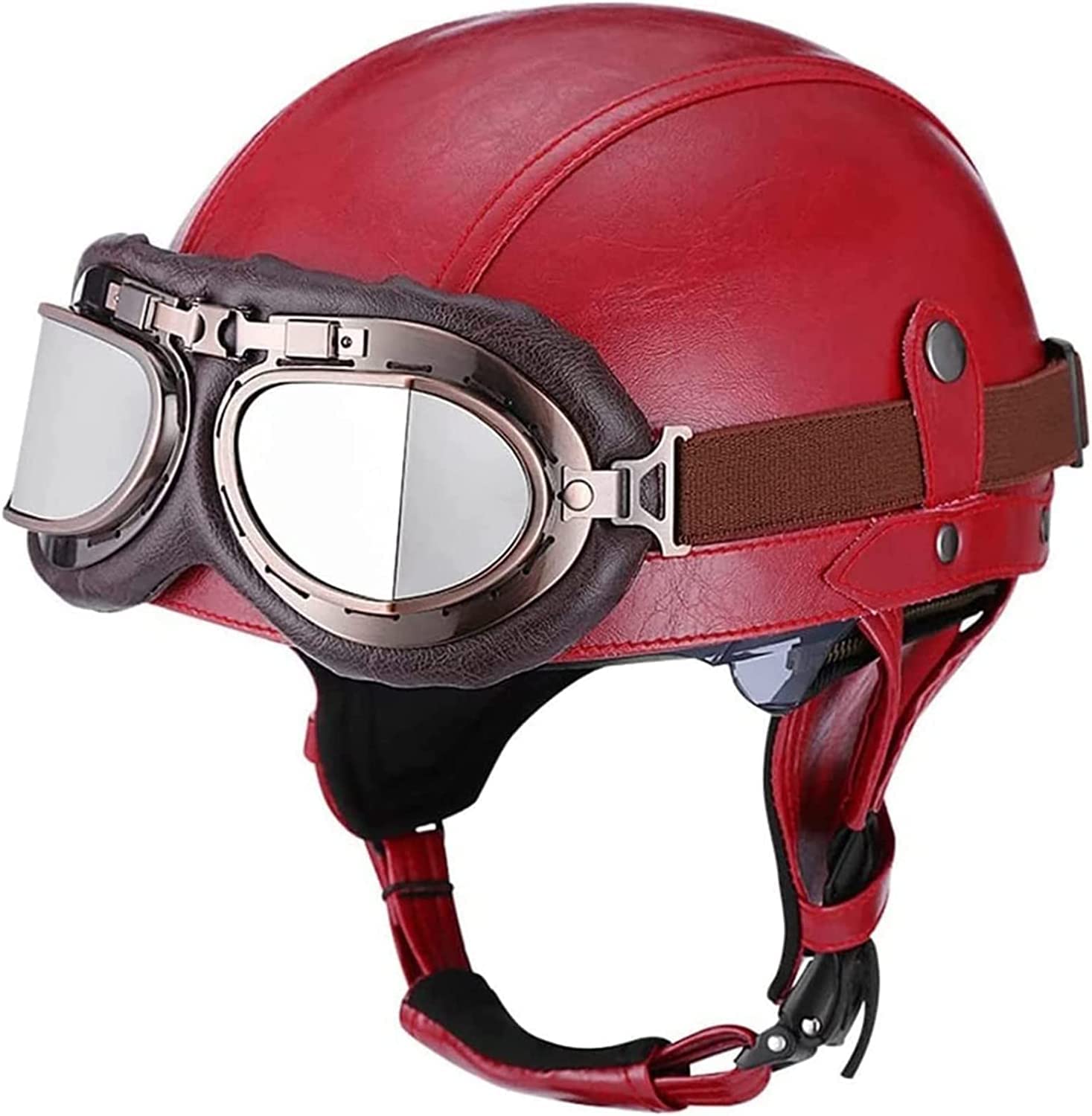 Halbschalenhelm Halbhelme Leder Motorradhelm Mit ECE Genehmigt Brain-Cap Halbschale Roller-Helm Mit Schutzbrille Scooter-Helm Jet-Helm Retro Für Erwachsene Herren Damen ( Color : O , Size : XL(61~62cm von VVPEC