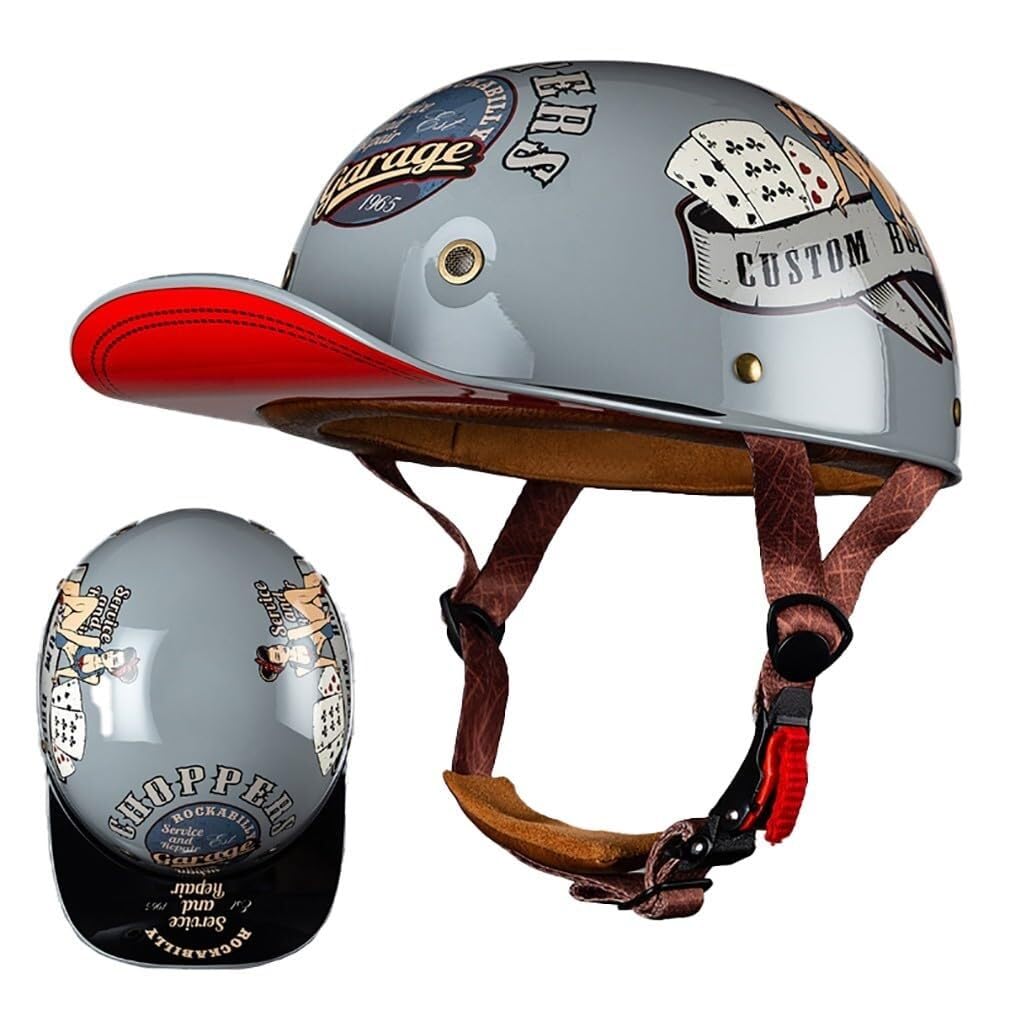 Halbschalenhelm Mit ECE-Zulassung Vintage Motorradhelm Baseball Cap Cruiser Chopper Scooter Helm Herren Retro Motorrad Halbhelm Damen Mofa Helm(9,2XL(63~64CM)) von VVPEC