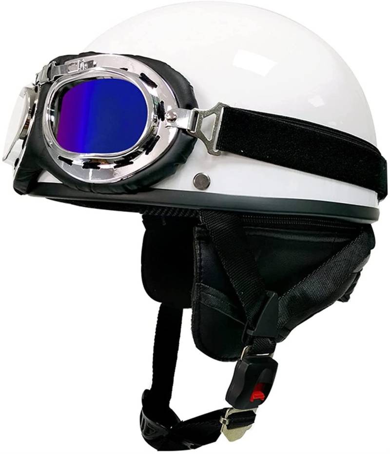 Halbschalenhelm mit ECE, Jethelm Retro, Chopper Helm, Scooter-Helm, Fahrradhelm, mit Schutzbrille und Schnellverschlussschnallen für Damen Herren Erwachsene ( Color : F , Size : XL(61~62cm) ) von VVPEC