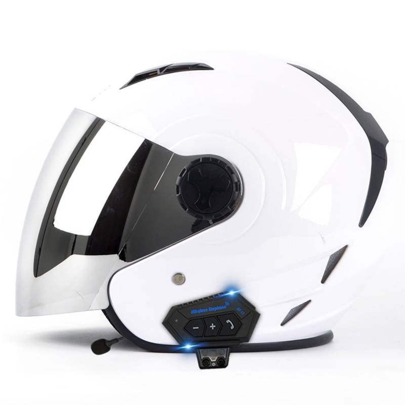 Motorradhelm mit Bluetooth Herren Damen ECE-zertifizierter Motorrad Jethelme Integrierter Bluetooth-Helm mit Visier Rollerhelm Scooterhelm(18,L=59~60CM) von VVPEC