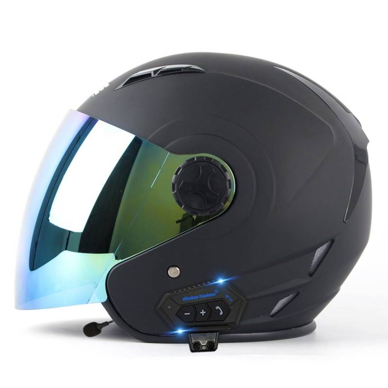 Motorradhelm mit Bluetooth Herren Damen ECE-zertifizierter Motorrad Jethelme Integrierter Bluetooth-Helm mit Visier Rollerhelm Scooterhelm(2,L=59~60CM) von VVPEC