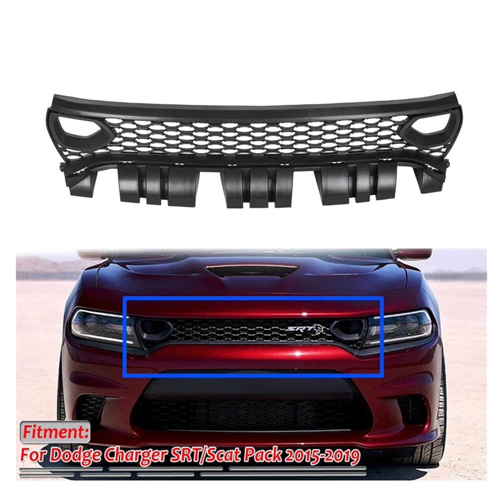 Kühlergrill kompatibel mit Dodge Charger SRT 2015–2019 Scat Pack Daytona mit Blenden, Doppeleinlass, oberes Stoßfänger-Ansauggitter, Haubengitter von VWUEWJE