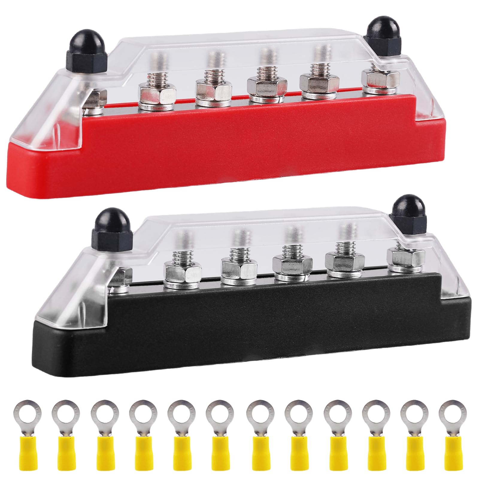 2 Stück Sammelschiene Verteilerblock, 150 A Sammelschienen-Schraubklemme Stromverteilungsblock, Busbar mit 6 x M6 Anschlussbolzen, für Bus, Auto, Boot, Wohnmobil, Rot Schwarz (6-polige einreihige) von Vaileal