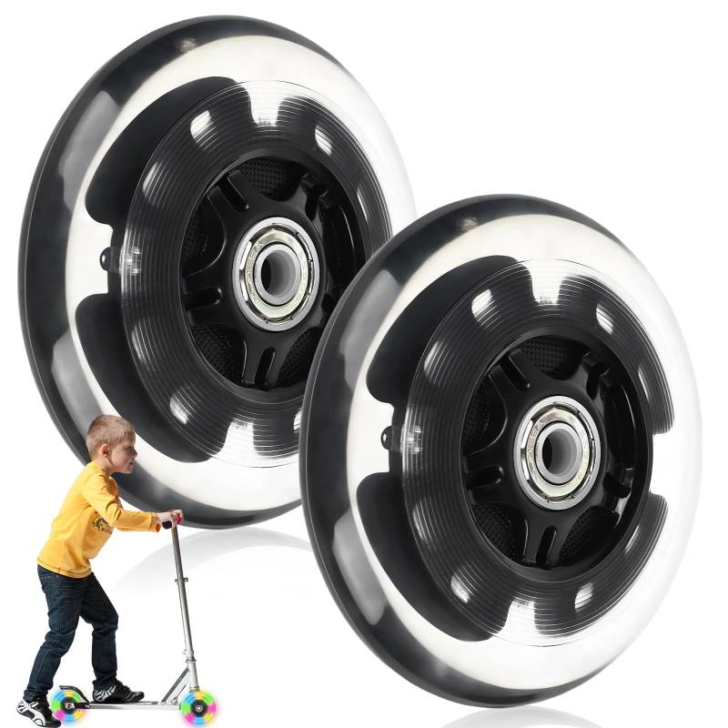 Scooter Rollen, 2 Stück 80mm Leuchtende Stunt Scooter Roller Räder, Led Scooter Ersatzräder 80mm Inliner Rollen mit Kugellager, Leuchtende Scooter Räder Geeignet für Allerlei Scooter (Schwarz) von Vaileal