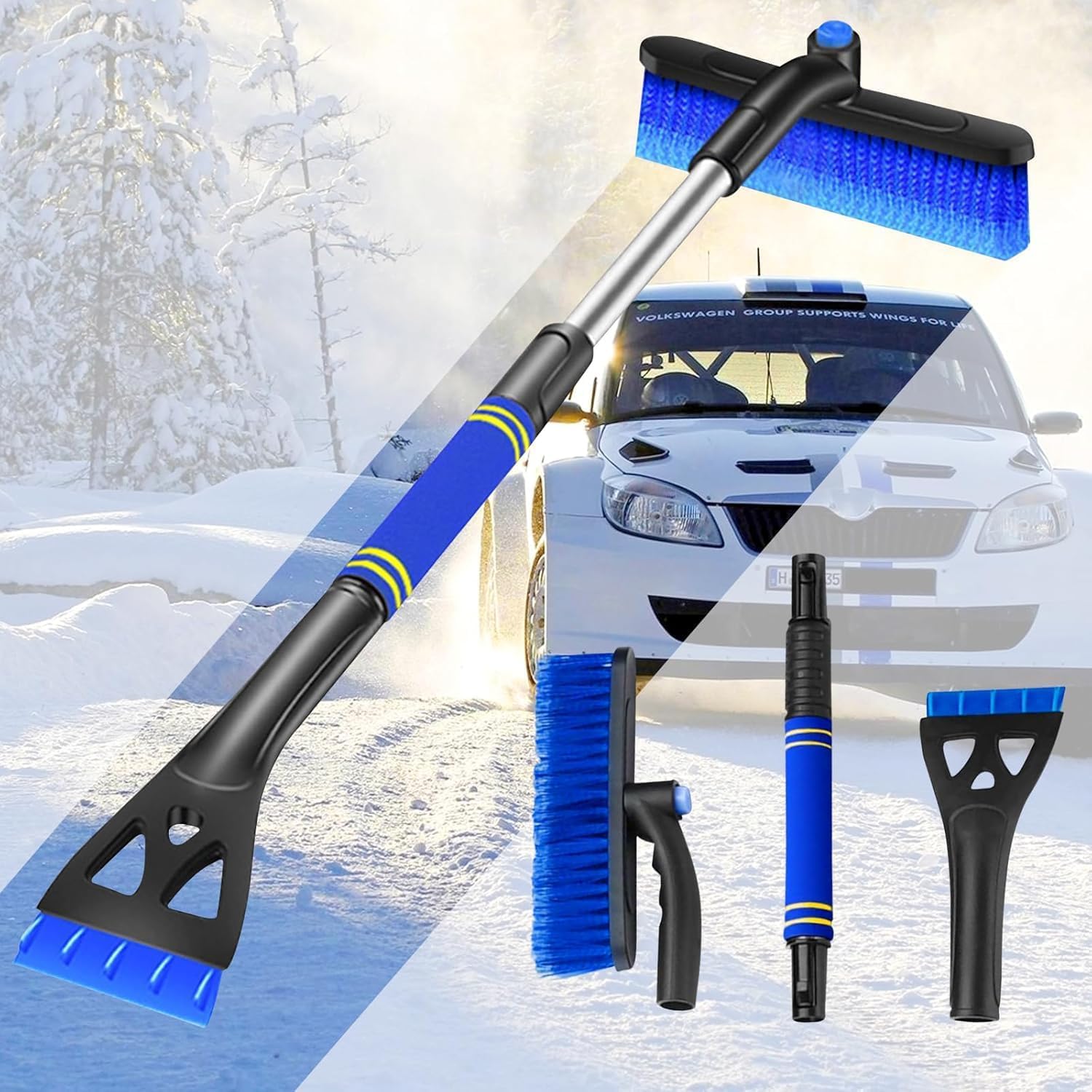 Vakki Eiskratzer Auto, 3 in 1 Eiskratzer Auto mit Besen, Ausziehbare Schneebesen Auto, Scheibenkratzer Auto, Drehbarer Bürstenkopf und Schaumstoffgriff für Auto, Windschutzscheibe, Fenster, SUV, LKW von Vakki