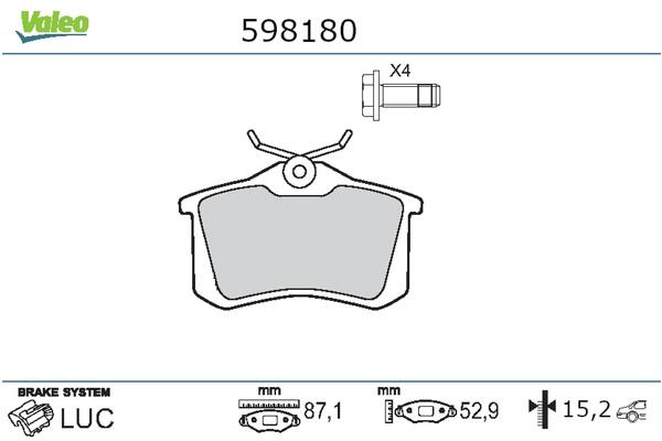 Bremsbelagsatz, Scheibenbremse Hinterachse Valeo 598180 von Valeo