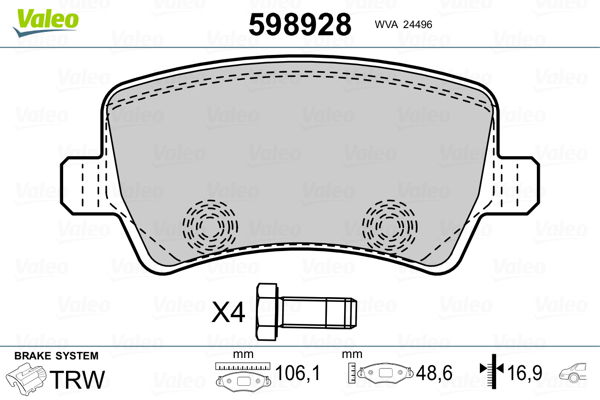 Bremsbelagsatz, Scheibenbremse Hinterachse Valeo 598928 von Valeo