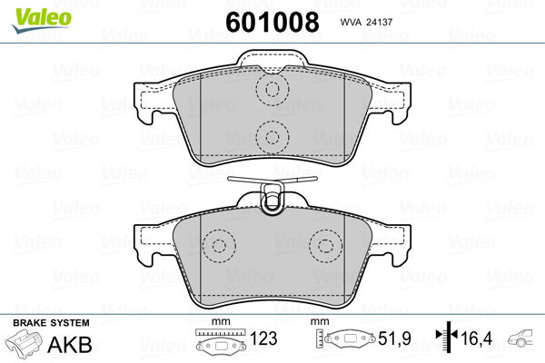 Bremsbelagsatz, Scheibenbremse Hinterachse Valeo 601008 von Valeo