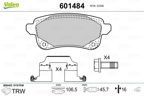 Bremsbelagsatz, Scheibenbremse Hinterachse Valeo 601484 von Valeo