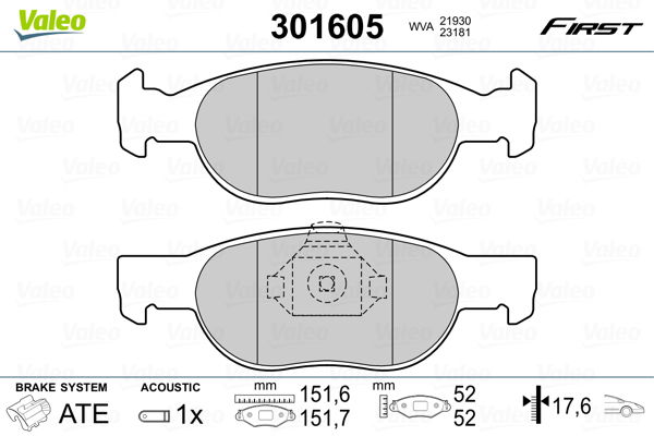 Bremsbelagsatz, Scheibenbremse Vorderachse Valeo 301605 von Valeo