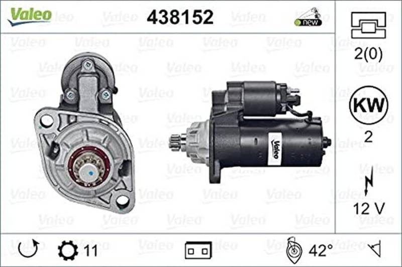 VALEO 438152 Starter Nennleistung: 2 kW Stop & Start: NO Zähnezahl: 10/11 zähne Spannung: 12 V Drehrichtung: ANTI CLOCKWISE von Valeo