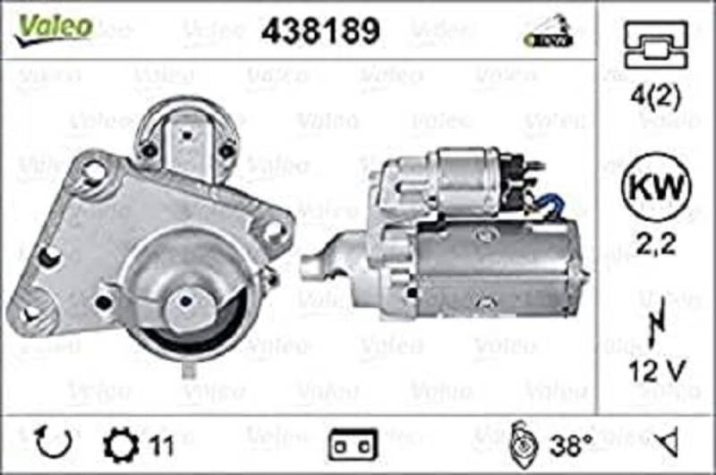 VALEO 438189 Starter Nennleistung: 2,2 kW Stop & Start: NO Zähnezahl: 11 zähne Spannung: 12 V Drehrichtung: CLOCKWISE von Valeo