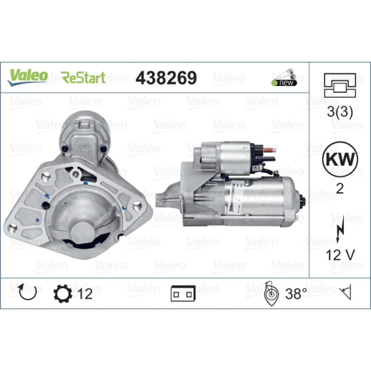 VALEO 438269 Starter Nennleistung: 2 kW Stop & Start: YES Zähnezahl: 12 zähne Spannung: 12 V Drehrichtung: CLOCKWISE von Valeo