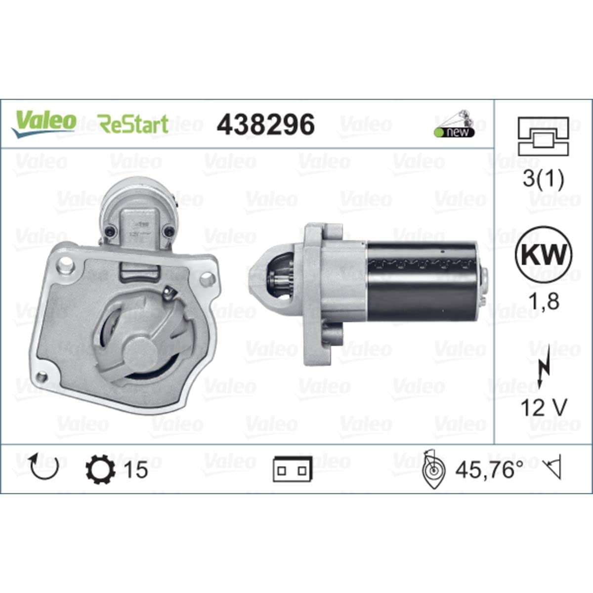 VALEO 438296 Starter Nennleistung: 1,8 kW Stop & Start: YES Zähnezahl: 15 zähne Spannung: 12 V Drehrichtung: CLOCKWISE von Valeo