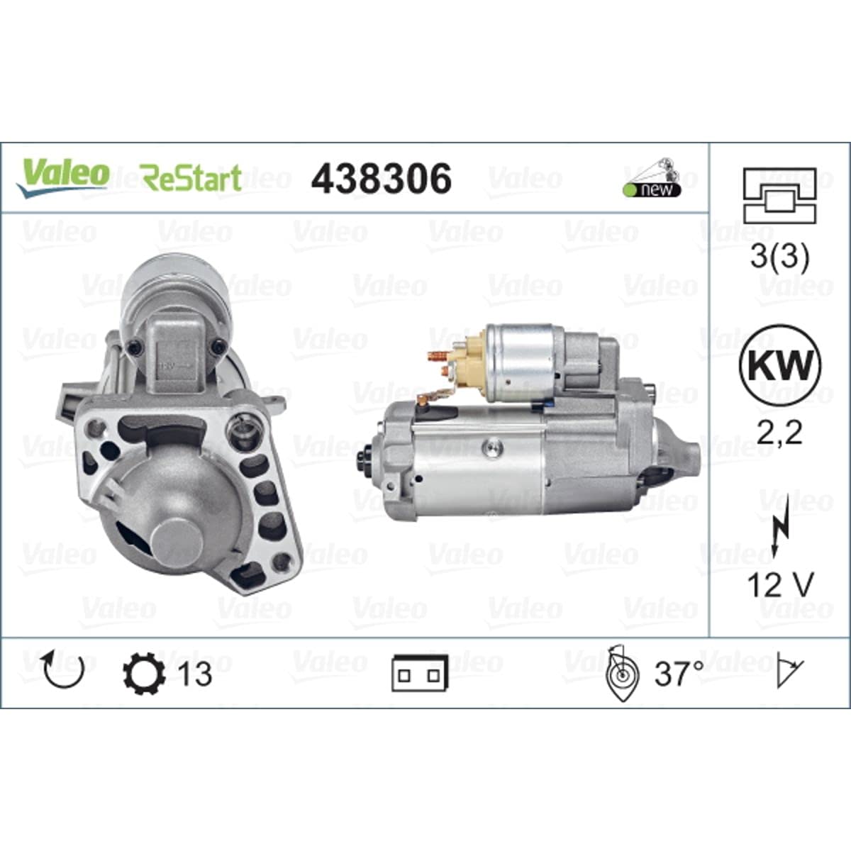 VALEO 438306 Starter Nennleistung: 2,2 kW Stop & Start: YES Zähnezahl: 13 zähne Spannung: 12 V Drehrichtung: CLOCKWISE von Valeo