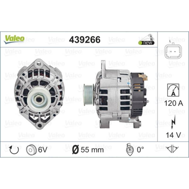 VALEO 439266 Generator Ladestrom des Generators: 120 Amp Rippen: 6 rippen Riemenscheibe Ø: 58 mm Spannung: 14 V Drehrichtung: CLOCKWISE von Valeo