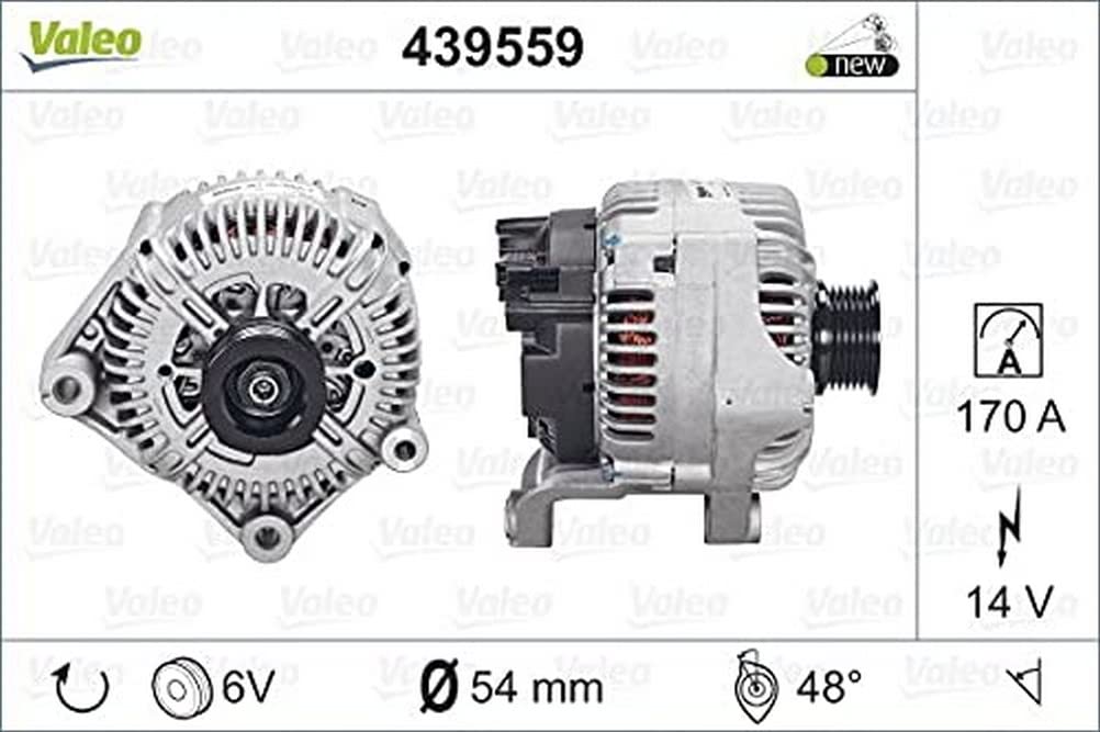 VALEO 439559 Generator Ladestrom des Generators: 170 Amp Rippen: 6 rippen Riemenscheibe Ø: 54 mm Spannung: 14 V Drehrichtung: CLOCKWISE von Valeo