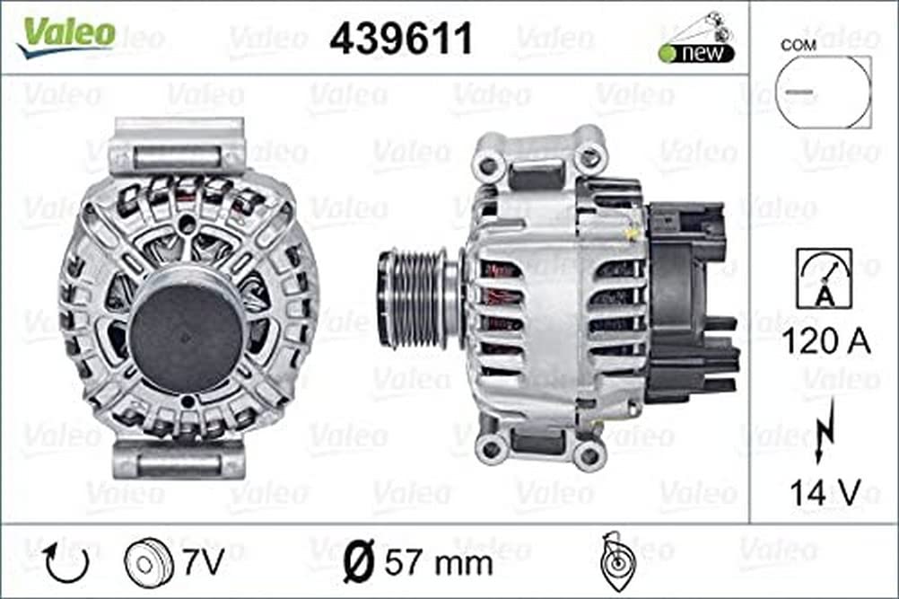 VALEO 439611 Generator Ladestrom des Generators: 120 Amp Rippen: 7 rippen Riemenscheibe Ø: 57 mm Spannung: 14 V Drehrichtung: CLOCKWISE von Valeo