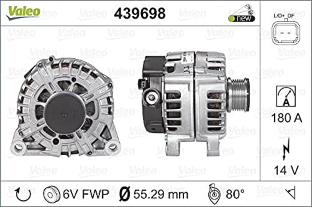 VALEO 439698 Generator Ladestrom des Generators: 180 Amp Rippen: 6 rippen Riemenscheibe Ø: 55 mm Spannung: 14 V Drehrichtung: CLOCKWISE von Valeo