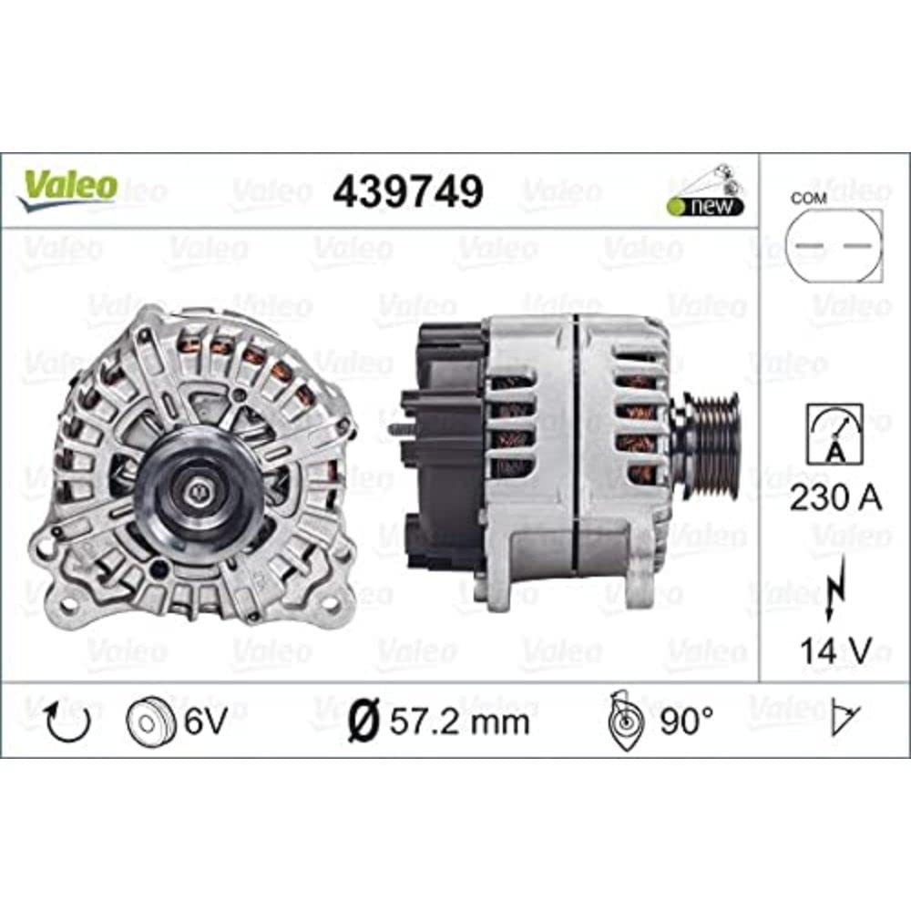 VALEO 439749 Generator Ladestrom des Generators: 230 Amp Rippen: 6 rippen Riemenscheibe Ø: 57,2 mm Spannung: 14 V Drehrichtung: CLOCKWISE von Valeo