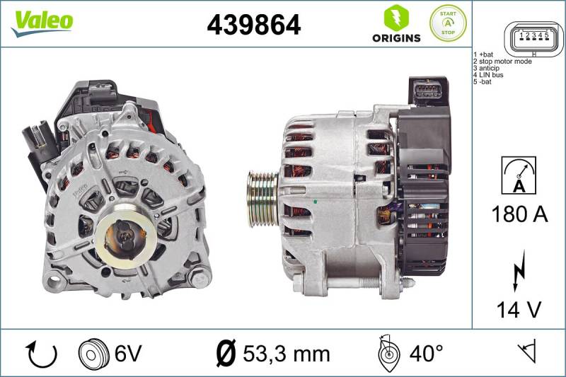 VALEO 439864 Generator Ladestrom des Generators: 210 Amp Rippen: 6 rippen Riemenscheibe Ø: 53,3 mm Spannung: 14 V Drehrichtung: CLOCKWISE von Valeo