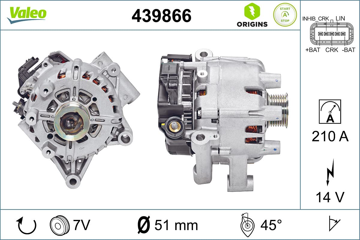 VALEO 439866 Generator Ladestrom des Generators: 200 Amp Rippen: 7 rippen Riemenscheibe Ø: 51 mm Spannung: 14 V Drehrichtung: CLOCKWISE von Valeo