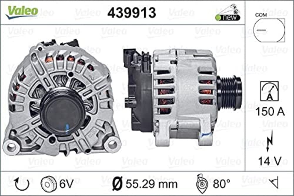 VALEO 439913 Generator Ladestrom des Generators: 150 Amp Rippen: 6 rippen Riemenscheibe Ø: 55 mm Spannung: 14 V Drehrichtung: CLOCKWISE von Valeo