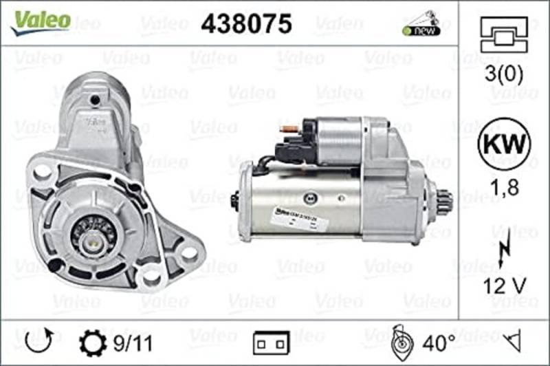 VALEO 438075 Starter Nennleistung: 1,8 kW Stop & Start: NO Zähnezahl: 11 zähne Spannung: 12 V Drehrichtung: ANTI CLOCKWISE von Valeo