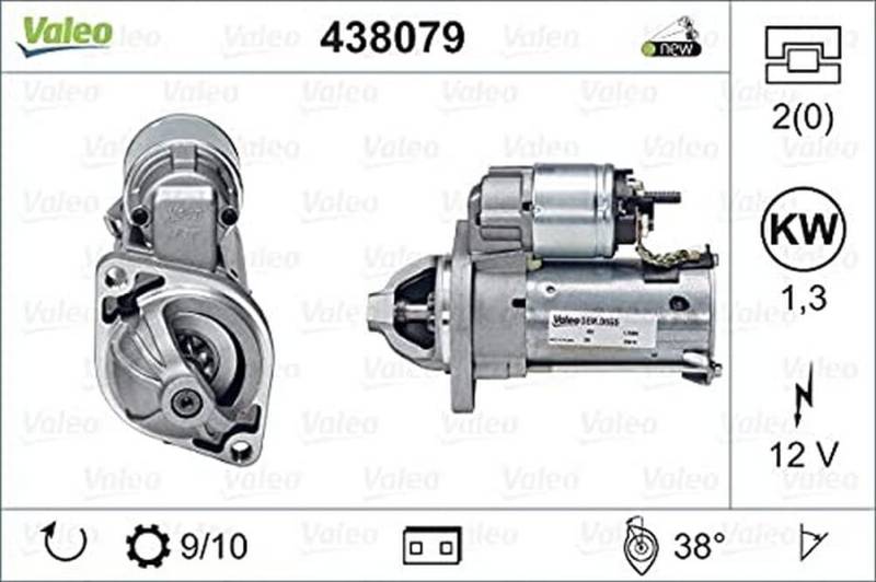 VALEO 438079 Starter Nennleistung: 1,3 kW Stop & Start: NO Zähnezahl: 9 zähne Spannung: 12 V Drehrichtung: CLOCKWISE von Valeo