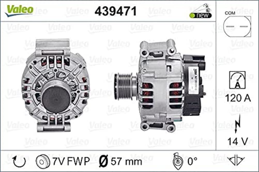 VALEO 439471 Generator Ladestrom des Generators: 120 Amp Rippen: 7 rippen Riemenscheibe Ø: 57 mm Spannung: 14 V Drehrichtung: CLOCKWISE von Valeo