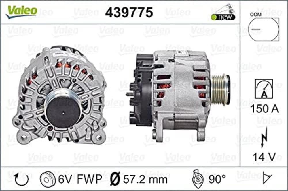 VALEO 439775 Generator Ladestrom des Generators: 150 Amp Rippen: 6 rippen Riemenscheibe Ø: 57,2 mm Spannung: 14 V Drehrichtung: CLOCKWISE von Valeo