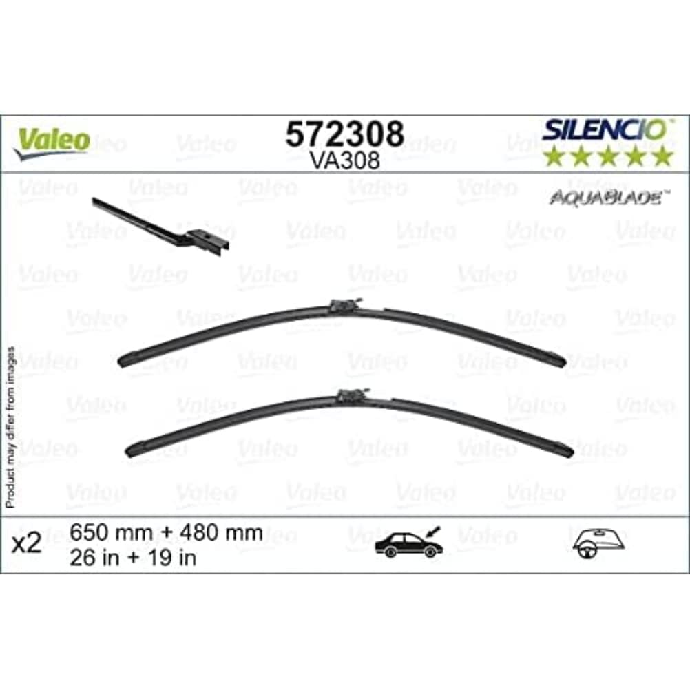 VALEO Silencio Original Aquablade Wischer - VA308 - Set aus besten Reinigungs- und Wischleistung Beheizten Wischerblättern 650mm/480mm - Vorne - Set mit 2 Wischerblättern - 572308 von Valeo