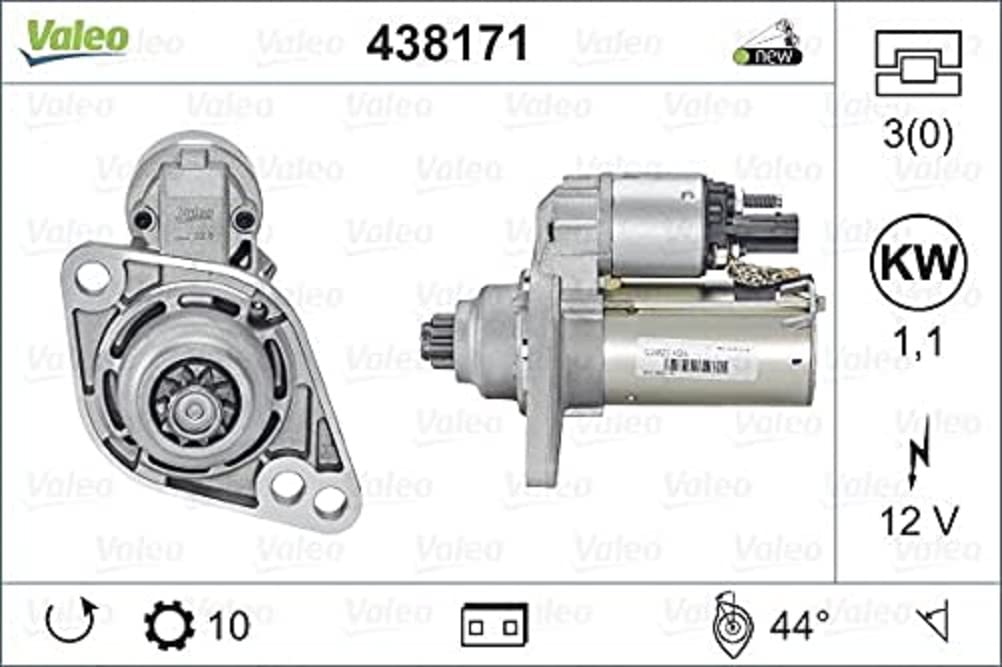 VALEO 438171 Starter Nennleistung: 1,1 kW Stop & Start: NO Zähnezahl: 10 zähne Spannung: 12 V Drehrichtung: ANTI CLOCKWISE von Valeo