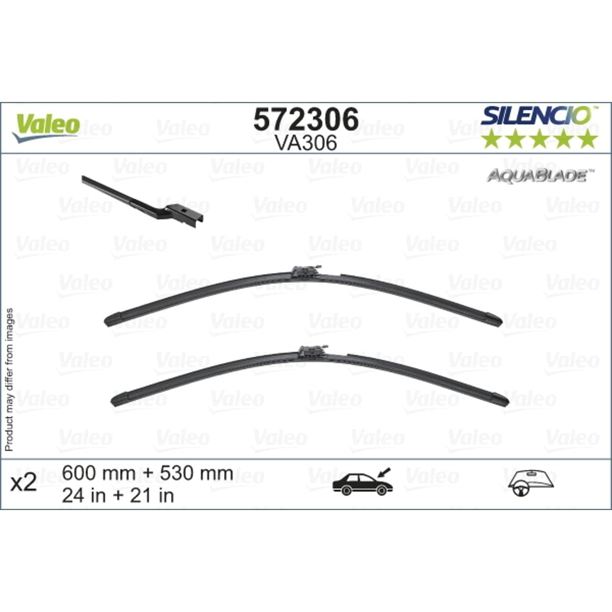 VALEO Silencio Original Aquablade Wischer - VA306 - Set aus besten Reinigungs- und Wischleistung Beheizten Wischerblättern 600mm/530mm - Vorne - Set mit 2 Wischerblättern - 572306 von Valeo