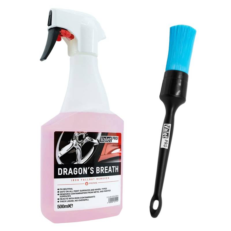 detailmate Felgenreiniger Set Bundle: ValetPRO Dragon's Breath 500 ml - Felgenreiner + 1 Stück ValetPRO Black Handle Chem Resistant - Reinigungspinsel/entfernt Bremsstaub und andere Verschmutzungen von ValetPRO