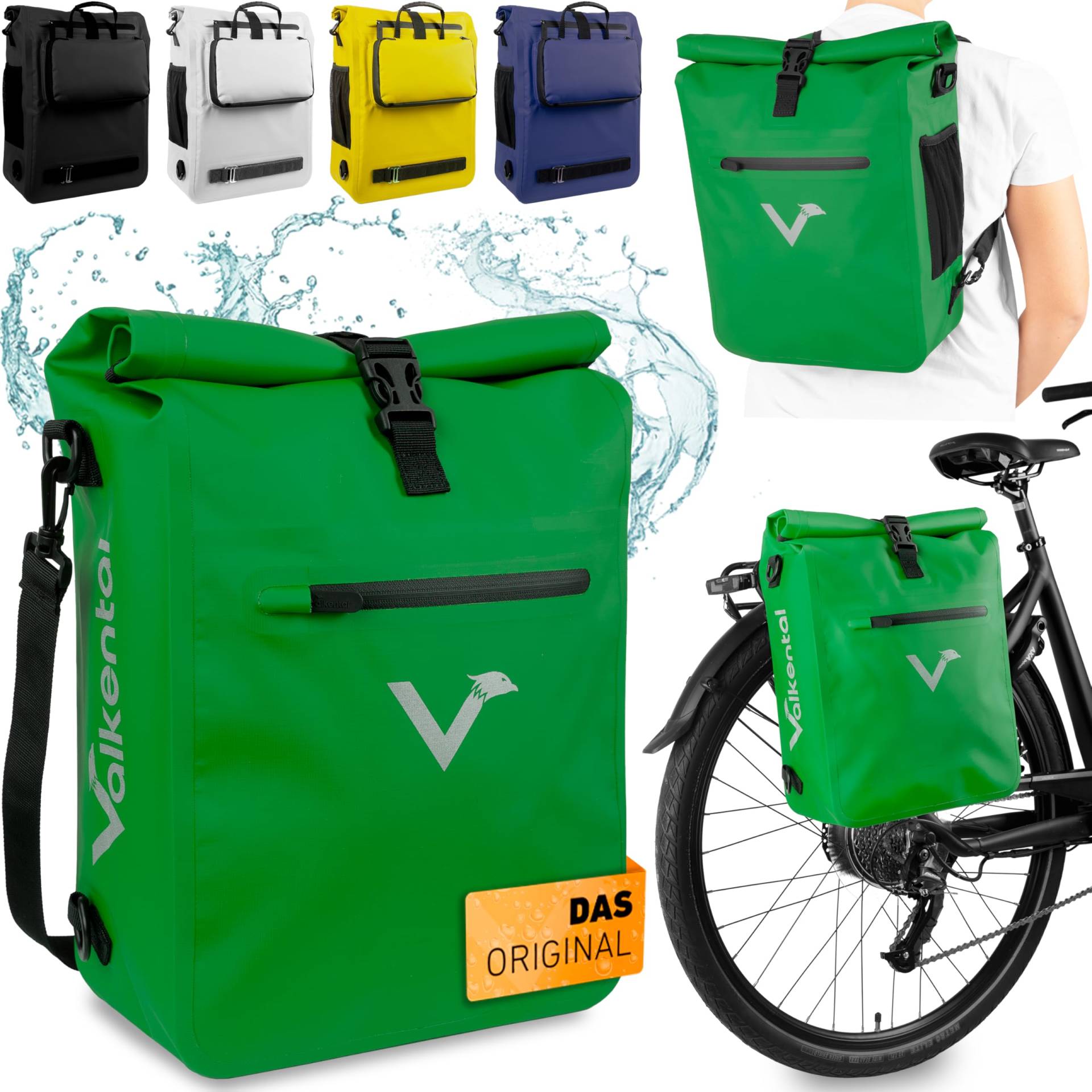 Valkental® 3in1 Fahrradtasche - Das Original - Geeignet als Gepäckträgertasche, Rucksack und Umhängetasche - Wasserdicht & Reflektierend von Valkental